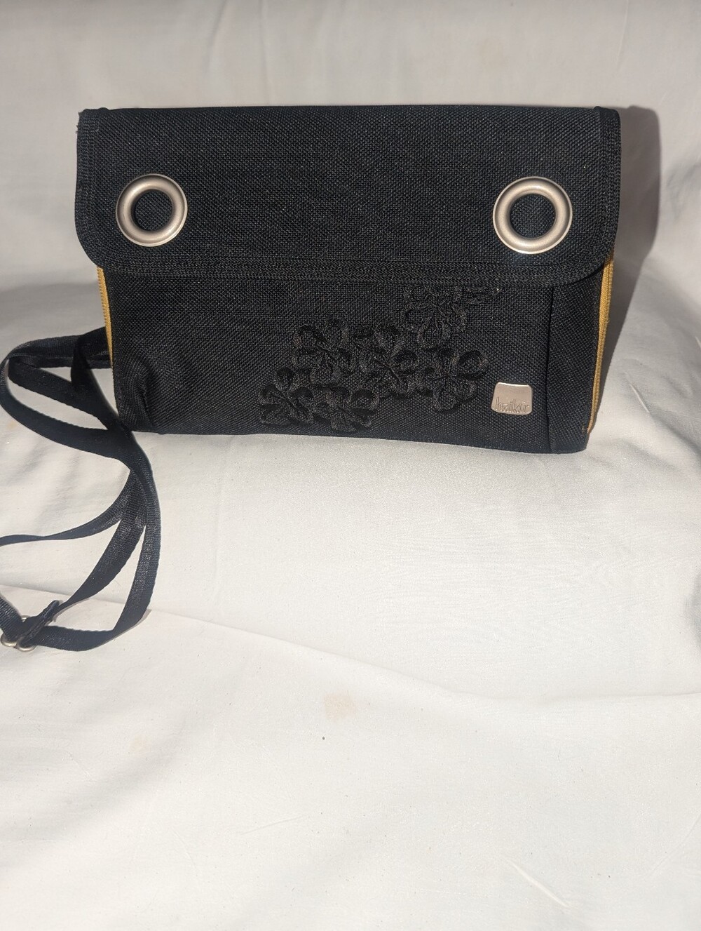 Haiku Black Crossbody with Floral Embroidery and Gold Trim